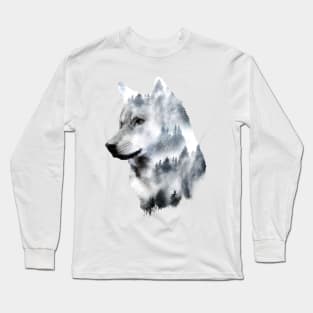 Dramabite Double exposure wolf surreal wildlife animal Long Sleeve T-Shirt